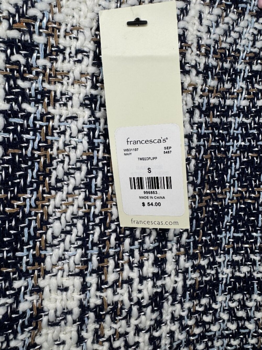 NWT Francesca’s Tweed Plaid Mini Skirt Navy White Ruffle Hem Small - Picture 2 of 8